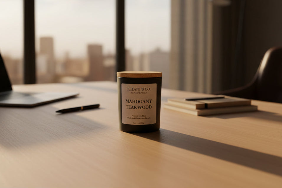 Leilanis Co. scented candle labeled 'Mahogany Teakwood' on a clear stand.