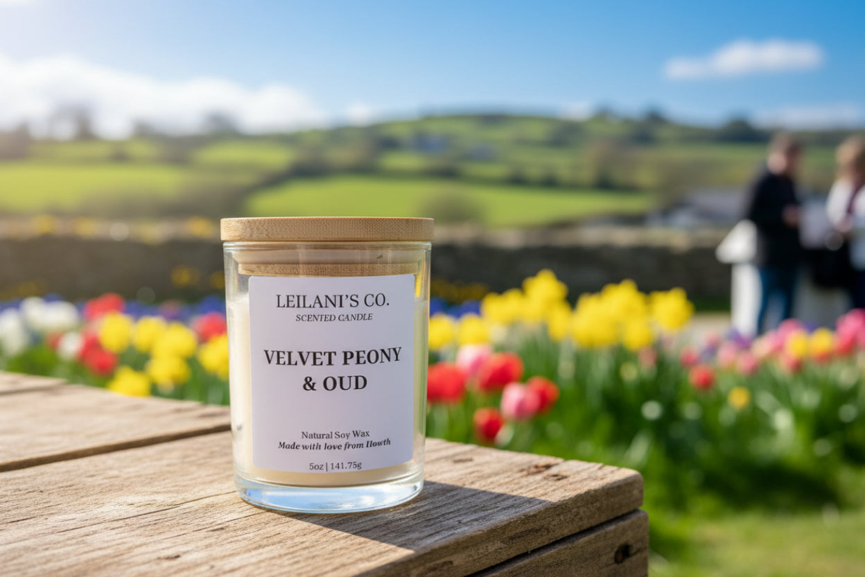 Candle labeled 'Velvet Peony & Oud' by Leilani's Co. on a stall table.