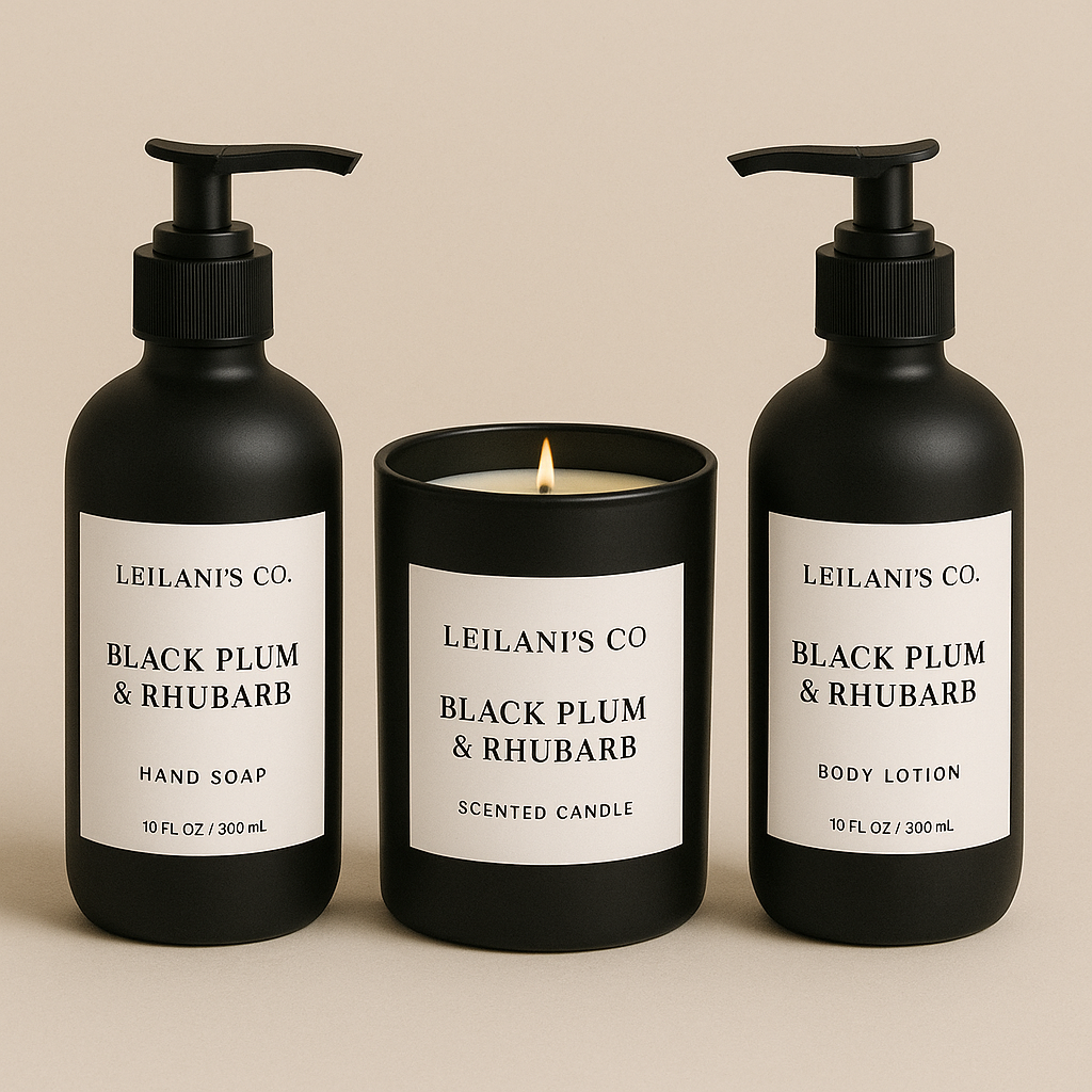 Black Plum & Rhubarb Candle, Lotion and Soap Bundle Set